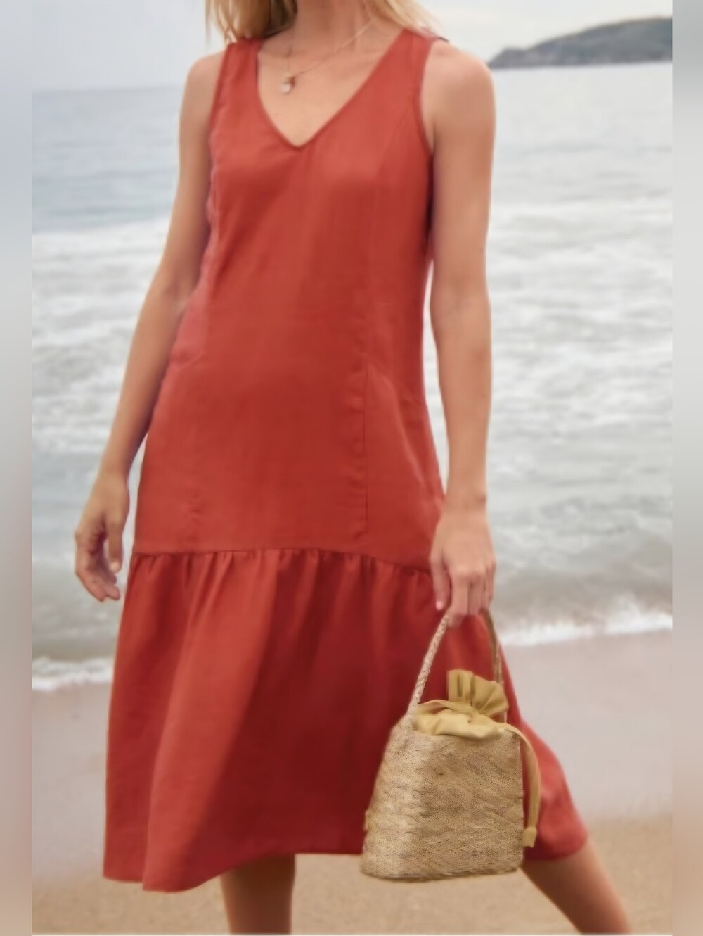Garnet Hill Rust Flax Linen Drop Waist Sleeveless Sundress Medium